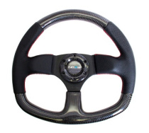 NRG Sportratt Kolfiber med Lädergrepp / Röda Sömmar / Platt Botten 320mm